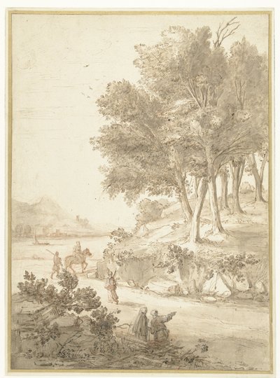 Paisaje italianizante con figuras a lo largo de un camino y un río al fondo de Caspar van Wittel