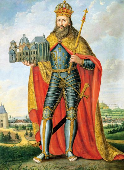 Retrato de Carlomagno (742 - Aquisgrán, 814), Rey de los Francos y Lombardos y Emperador del Sacro Imperio Romano, de pie con modelo de la Capilla Palatina de Casper Johann Nepomuk Scheuren