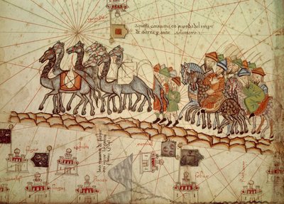Detalle de un mapa náutico catalán (portulano) que representa Asia del siglo XIII, en el que se puede ver una caravana caminando hacia Cathay (nombre dado por Marco Polo para designar la región del norte de China): Ruta de la Seda tomada por Marco Polo. At de Catalan School