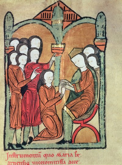 La condesa de Bearn jura homenaje a Alfonso II de Aragón, prometiendo no casarse sin su consentimiento, del manuscrito conocido como "Liber Feudorum Maior" (vitela) de Catalan School