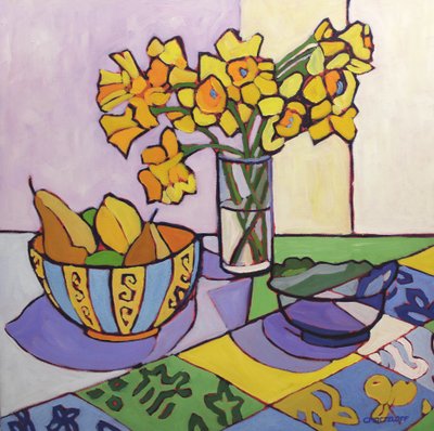 Daffodil Patchwork, 2023 (óleo sobre lienzo) de Catherine J Martzloff