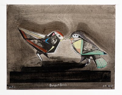Bright Birds, 2014 (litografía mokulito coloreada a mano) de Cathie Pilkington