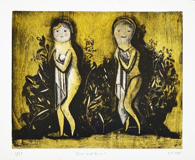 Eva y Eva, 2015 (litografía mokulito coloreada a mano) de Cathie Pilkington