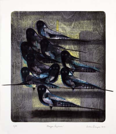 Ritmo de urraca, 2016 (litografía mokulito coloreada a mano) de Cathie Pilkington