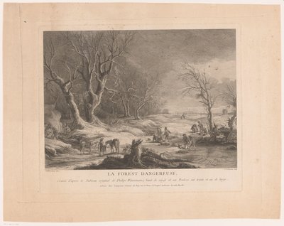 Paisaje invernal con figuras atacadas. La forest dangereuse (título sobre objeto) de Cathérine Elise Cousinet