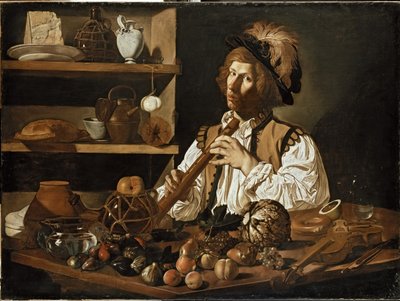 Interior con una naturaleza muerta y un joven sosteniendo una flauta (siglo XVII) de Cecco de Caravaggio