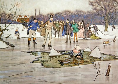 Una cara, cabeza, hombros, emergieron de debajo del agua y revelaron los rasgos y gafas del Sr. Pickwick de Cecil Charles Windsor Aldin