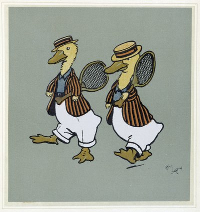 Dos patos en traje de tenis - en "Merry Party", ilustrado por Cecil Aldin, ed. Hodder & Stoughton, Londres de Cecil Charles Windsor Aldin