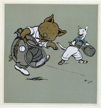 Cerdo y zorro jugando al tenis - en "Merry Party", ilustrado por Cécil Aldin, ed. Hodder & Stoughton, Londres de Cecil Charles Windsor Aldin