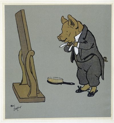 Cerdo acicalándose, ajustando su nudo de corbata frente a un espejo - en “Fiesta alegre”, ilustrado por Cecil Aldin, ed. Hodder & Stoughton, Londres de Cecil Charles Windsor Aldin