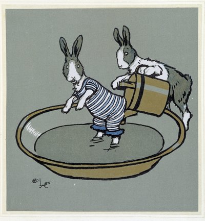Conejos tomando un baño - en "Merry Party", ilustrado por Cecil Aldin, ed. Hodder & Stoughton, Londres de Cecil Charles Windsor Aldin