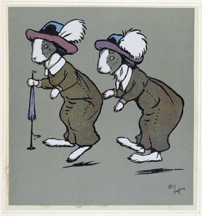 Conejos con sombreros - en “Merry Party”, il. por Cécil Aldin, ed. Hodder & Stoughton, Londres de Cecil Charles Windsor Aldin