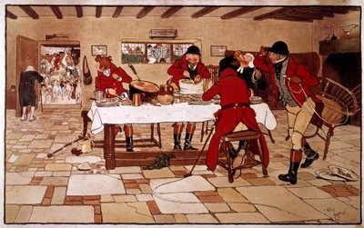 El refrigerio de las tres palomas. Los cazadores cocinan y comen rápidamente antes de salir a cazar. Grabado de Cecil Aldin, Inglaterra. Colección Deal de Cecil Charles Windsor Aldin