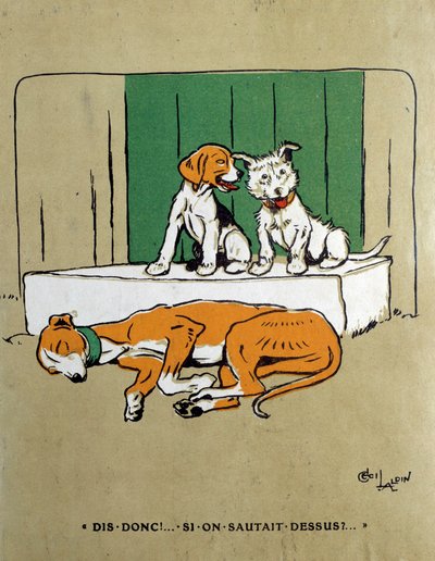 ¿Por qué no saltamos sobre dos perros que dudan en despertar a una levadura dormida? Acuarela de Cecil Aldin (1870-1935) siglo XIX París, Artes Decorativas de Cecil Charles Windsor Aldin