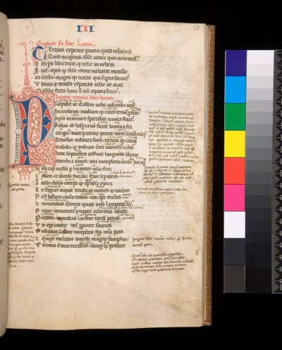 Ms 325. Lucano, Bellum Civile, y otras obras, f.35r. Inicial partida [P] en rojo y azul con florecimiento de pluma contrastante, c.1353 (pergamino) de Central Italian School