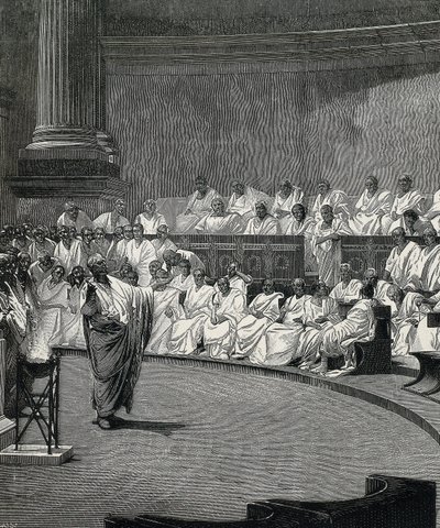 Cicerón denuncia al conspirador Catilina de Cesare (after) Maccari