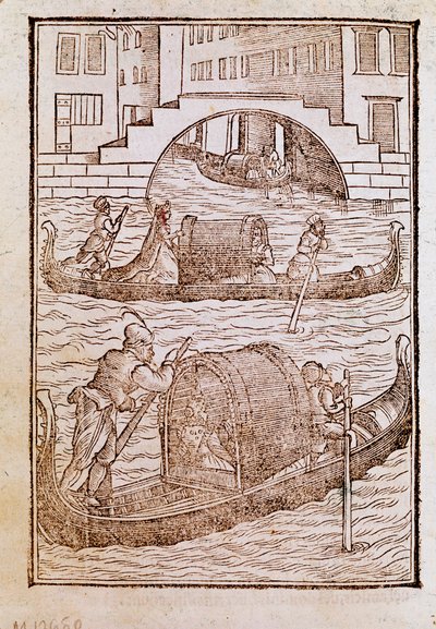 Góndolas en la laguna de Venecia en el siglo XV. Grabado de Degli abiti antichi e moderni de Cesare Vecellio (1521-1601) de Cesare (after) Vecellio