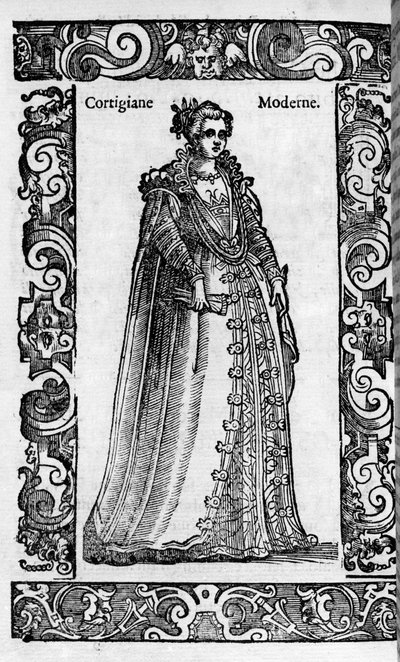 Renacimiento: una cortesana romana en el siglo XVI. Grabado de “Trajes Modernos y Antiguos” de Cesare Vecellio de Cesare (attr. to) Vecellio