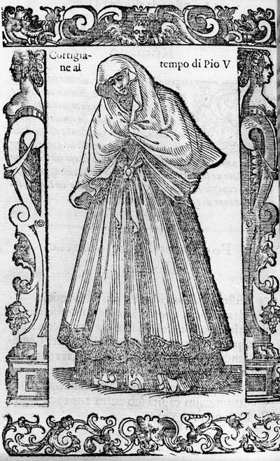 Renacimiento: una cortesana en la época del Papa Pío V (1566-1572). Grabado de “Trajes Modernos y Antiguos” de Cesare Vecellio de Cesare (attr. to) Vecellio