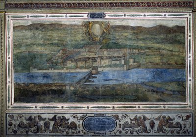Vista de la ciudad de Innsbruck, Austria. Vista de las ciudades del Imperio de los Habsburgo. Fresco del Patio de Michelozzo en el Palazzo Vecchio de Florencia. Pintura de Sebastiano Veronese Giovanni Lombardi, Cesare Baglioni y Turino da Piamonte, hacia 1 de Cesare Baglioni