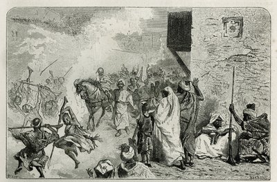 Un niño llevado en triunfo al regreso de la ceremonia de circuncisión, en medio de la multitud que dispara al aire, mientras grita y disfruta, grabado por C.Biseo para ilustrar la historia Le Maroc por Edmondo de Amicis, en de Cesare Biseo