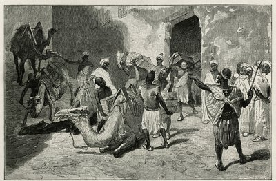 La carga de camellos de la caravana del autor de la historia, Atanger, grabado por Biseo, para ilustrar la historia Le Maroc por Edmondo de Amicis, en 1875, publicado en Le tour du monde, bajo la dirección de Edouard Charton de Cesare Biseo