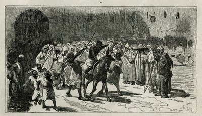 El castigo de un ladrón, subido en una mula, recibe bastonazos bajo los abucheos de la multitud, grabado por C.Biseo, para ilustrar la historia Le Maroc por Edmondo de Amicis, en 1875, publicado en Le tour du monde, bajo la dirección de Edouard Charton de Cesare Biseo