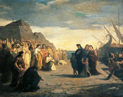 Agripina llegando al puerto de Brindisi con las cenizas de Germano, de Cesare Caroselli (1847-1927), óleo sobre lienzo, dinastía Julio-Claudia, Italia de Cesare Caroselli
