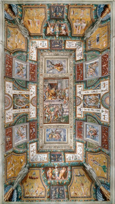 Pier Maria Rossi teniendo el honor de la Orden de San Miguel, Vista del techo de la Sala delle Gesta Rossiane, Rocca dei Rossi, San Secondo, Parma, Italia, c.1570 (fresco) de Cesare and Jacopo Bertoia and others Baglione