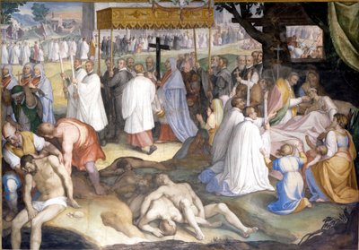 San Carlos Borromeo comunizando a los moribundos pestilentes durante la plaga de 1575 a 1577 en el lazareto de Milán. Fresco de Charles Nebbia en el Colegio Borromeo en Pavía (Milán) de Cesare Nebbia