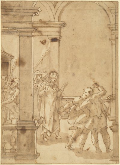 Dos figuras luchando ante un rey de Cesare Nebbia