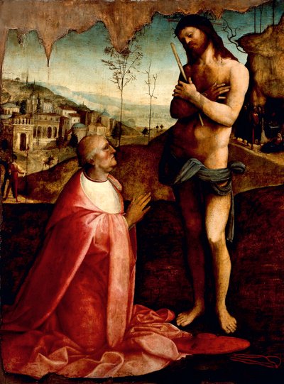 Cristo Sufriente y el cardenal Oliviero Carafa en oración de Cesare da Sesto