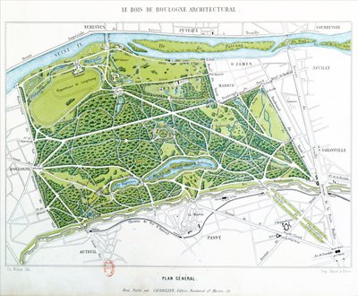 Plano del Bois de Boulogne en París, publicado por Caudrilier, 1860 de Ch. Walter