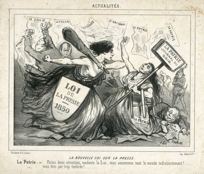 Ilustración de Cham (1819-1879) en Le Charivari, circa 1850-4-3 - La nueva ley sobre la prensa - Censura, Prensa/Medios, Ley - Proudhon Pierre-Joseph (1809-1965), Girardin Emile de (1806-1881) - Alegoría de Amédée de Noé