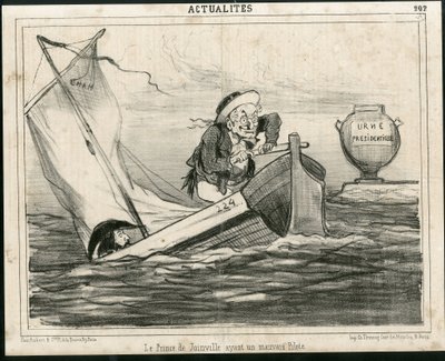 Ilustración de Cham (1819-1879) en Le Charivari, circa 1850 - El Príncipe de Joinville con un mal piloto - Elecciones, Presidente de la República, Marina Marítima Náutica Balnearia - Thiers Adolphe, François d