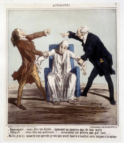 Caricatura sobre la alopatía y la homeopatía por Cham de Amédée de Noé