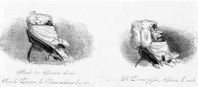Dibujo satírico sobre la burguesía en la época de la Revolución Francesa. "Moda de las corbatas altas: bajo el Terror, los bellos escondían sus cabezas... Pasado el Terror... ¡Ahí está él!" En "Torturas de la moda" por Cham de Amédée de Noé