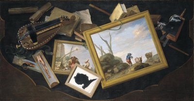 Mesa revuelta con pinturas, zanfonía, libros y otros objetos de trampantojo de Charles Joseph Flipart