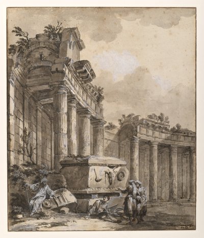 Figuras cerca de una columnata en ruinas de Charles Louis Clerisseau