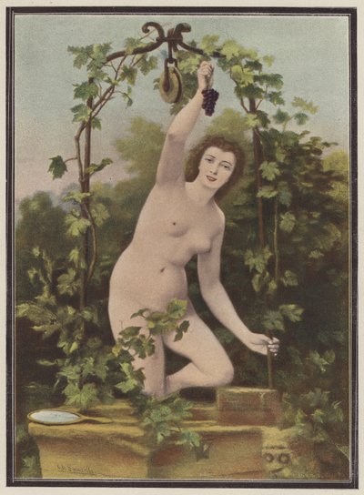 Mujer recogiendo uvas de una vid (litografia de color) de Charles (after) Landelle