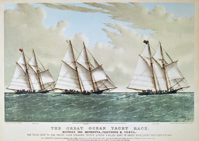 Gran carrera de yates oceánicos de 1866 entre el Henrietta, Vesta y Fleetwing, publicada por Currier & Ives de Charles (after) Parsons