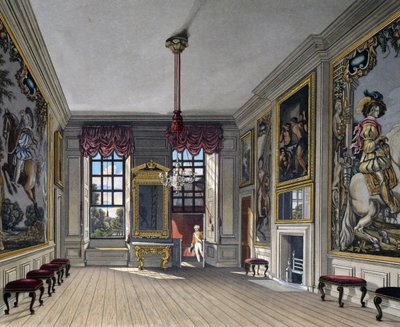 Sala de audiencias de la Reina, grabado por William James Bennett (1787-1844), basado en el diseño de Charles Wild (1781-1835), de The History of the Royal Residences de Charles (after) Wild