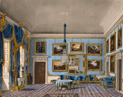 Salón de terciopelo azul, grabado de Daniel Havell, basado en diseño de Charles Wild, de La Historia de las Residencias Reales de Charles (after) Wild