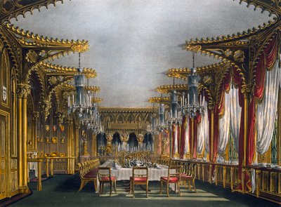 Comedor gótico, grabado de Thomas Sutherland, basado en diseño de Charles Wild, de La Historia de las Residencias Reales de Charles (after) Wild