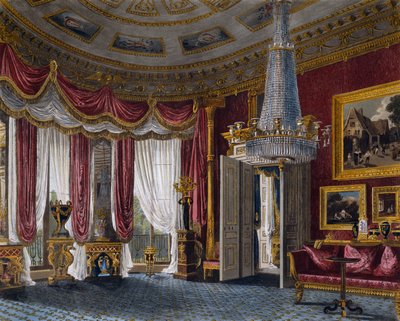 Sala de estar de satén rosa, grabado de Richard Reeve basado en diseño de Charles Wild, de The History of the Royal Residences de Charles (after) Wild
