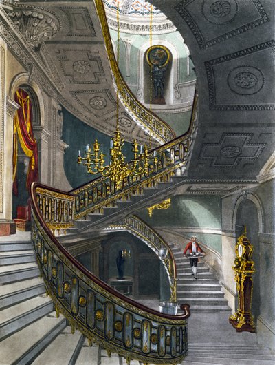 Escalera, grabado de Richard Reeve según dibujo de Charles Wild, de The History of the Royal Residences de Charles (after) Wild