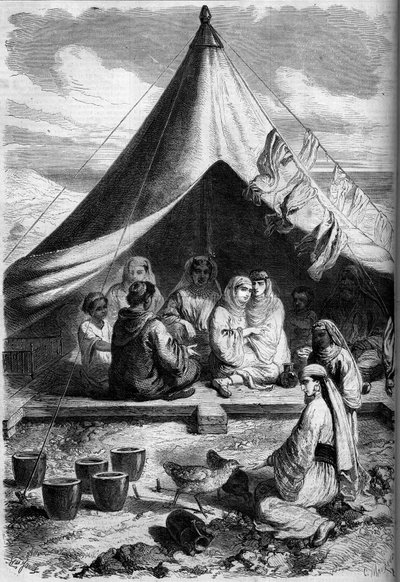 Familia judía de Marruecos refugiada en la costa de Gibraltar en 1860. Según el boceto del Sr. Yriarte. Grabado en “Le Monde Illustré” n°146 del 28 de enero de 1860. de Charles (after) Yriarte