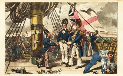 El capitán Spring nombra al guardiamarina Newcome su ayudante de campo y le entrega su espada en la cubierta del HMS Victory de Charles (c.1797 1850) (after) Williams