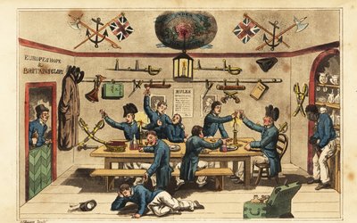 Johnny Newcome trayendo ron a sus compañeros oficiales en el comedor de guardiamarinas de Charles (c.1797 1850) (after) Williams