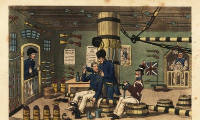 Guardiamarina Newcome confinado en cadenas de hierro en la sala de armas por golpear al doctor Pestle de Charles (c.1797 1850) (after) Williams